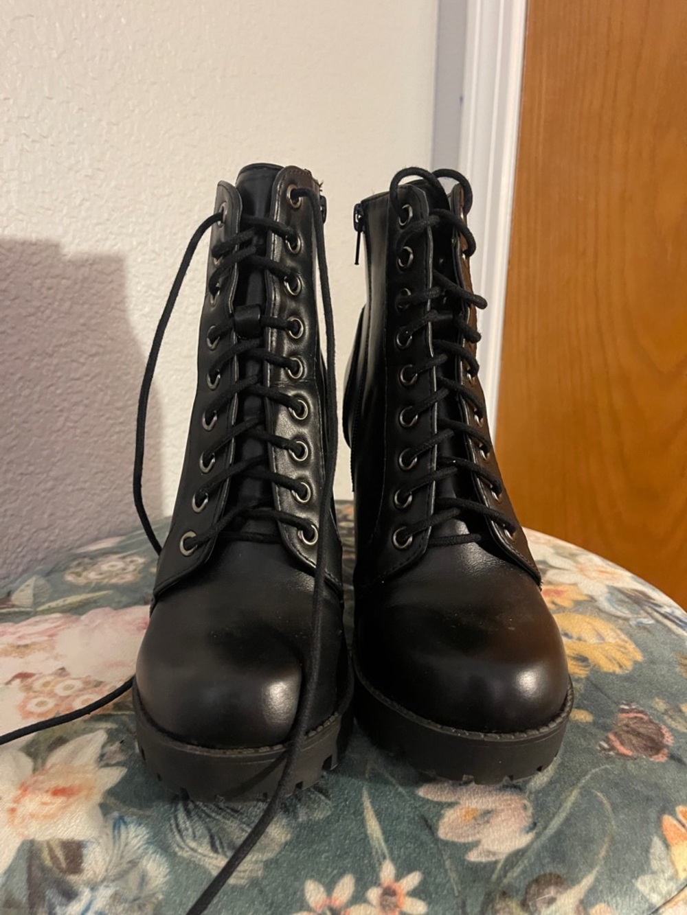 Soda Black Lace-Up Platform Combat Boots for Women